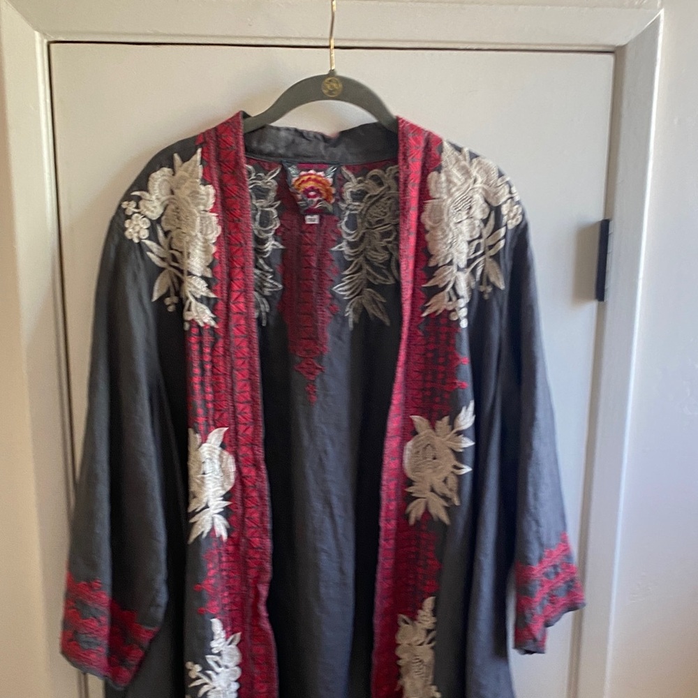 Johnny Was Charcoal and Crimson Embroidered Kimono